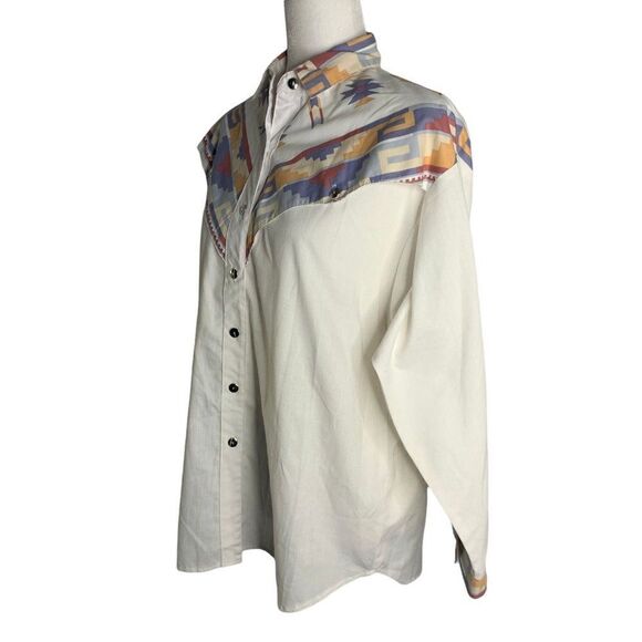 Vintage Roughrider Western Shirt M White Aztec Button Long Sleeve One Point Yoke - Picture 8 of 8